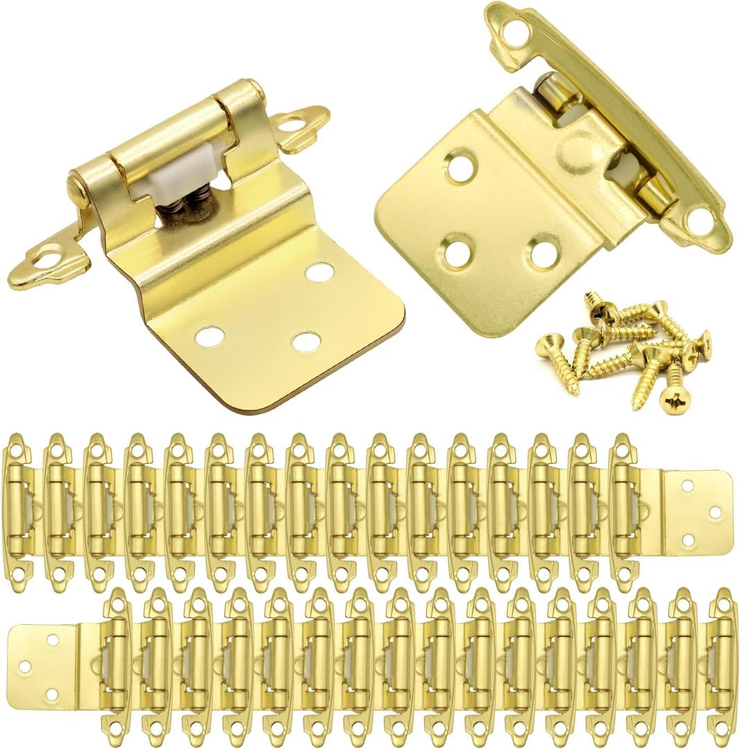 3/8 Inch Inset Cabinet Hinges Brass Gold, 50 Pack (25 Pairs) Self Closing Hinges for Cabinets Doors, Kitchen Cabinet Door Hinge Hardware