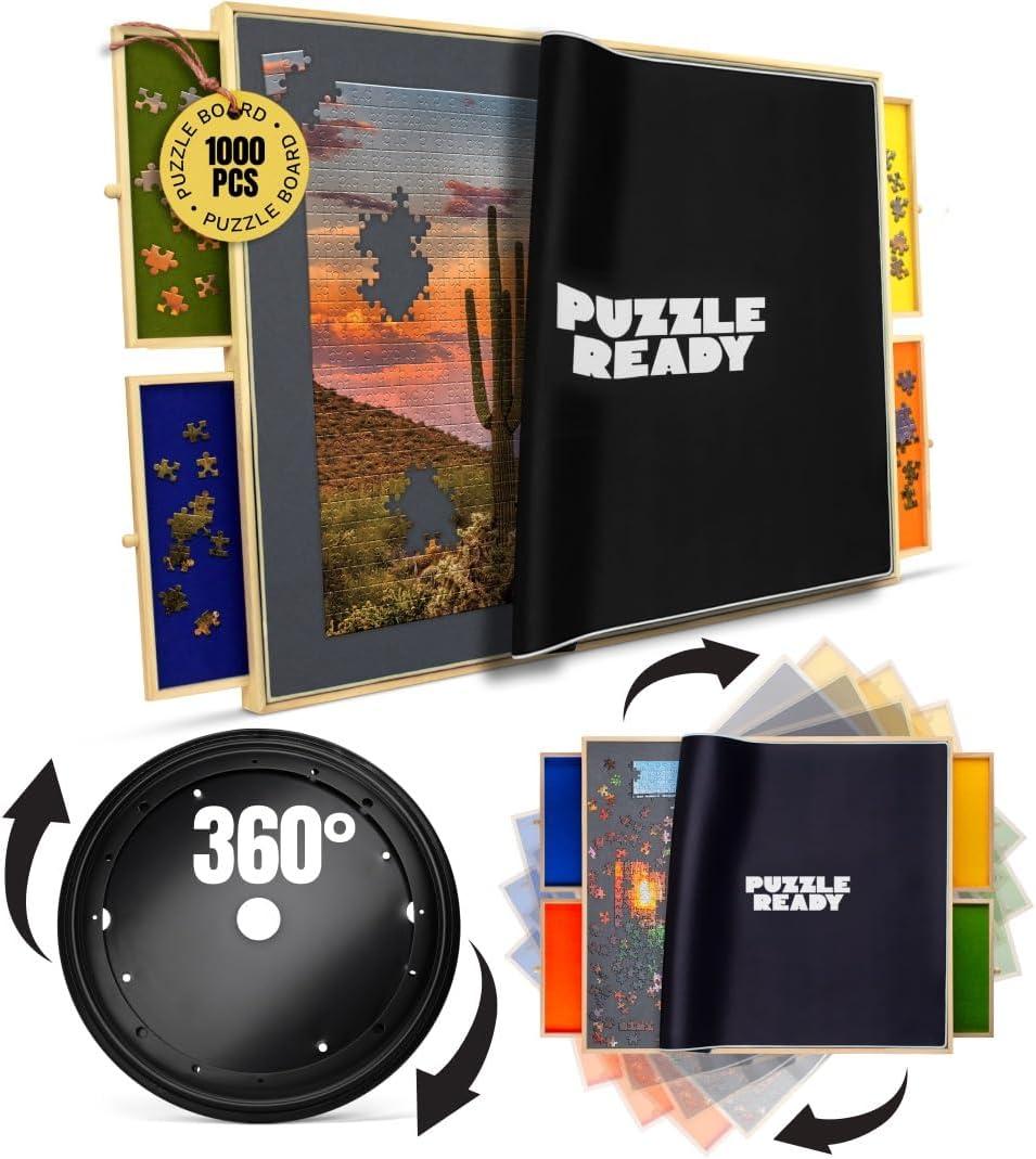 Puzzle Ready Puzzle Board with Drawers & Cover - 1000 Pieces Wooden Jigsaw Puzzle Table Mat with Lazy Susan Spinning Cover & Colorful Sorting Trays for Family - 24x 30