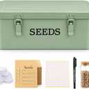 Seed Storage Box, Metal Seed Bin Seed Storage Organizer, 4 Dividers Seed Container with Safety Lock, Seed Box with Professional All-in-one Kit, Green