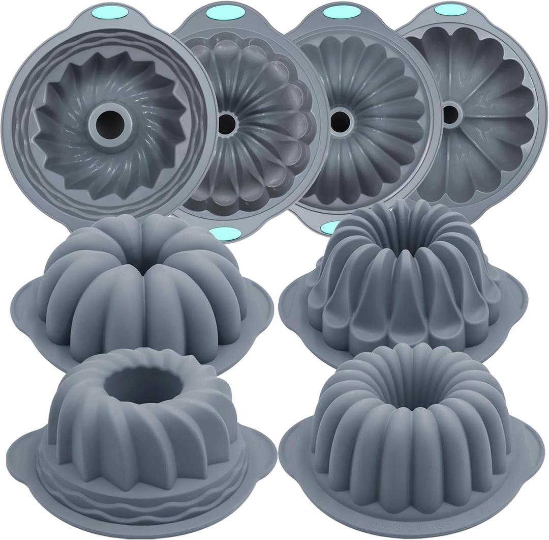 Tongjude 4 Pieces Silicone Fluted Tube Cake Pans, 10 Cups Tube Baking Pan, Jello Mold, Silicone Molds for Homemade Cake, Bread and Jello, Non-Stick, Grey