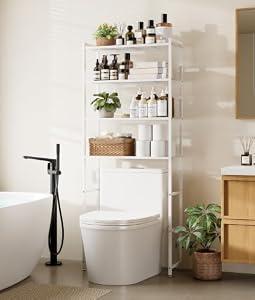 Tujurich 4-Tier Over The Toilet Storage Rack, Bathroom Organizer with One-Piece Metal Mesh Shelves, Over Toilet Shelf with Adjustable Feet & Anti-Tip Kit, Space-Saving Bathroom Storage, White