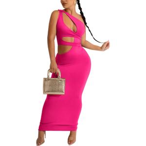 acelyn One Shoulder Maxi Dress for Women Cut Out Summer Sexy Bodycon Sleeveless Ruched Cocktail Club Party Outfit Sundress (Small, K-rose Red)