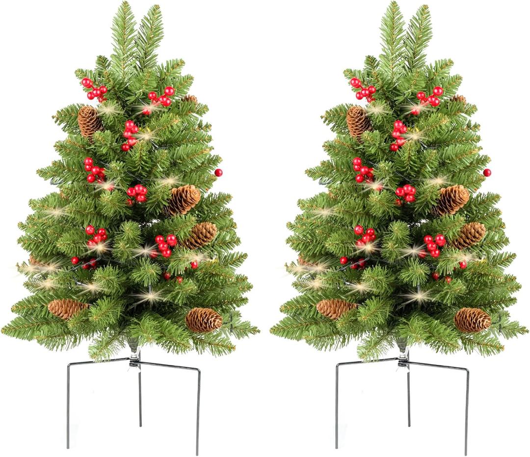 Christmas Tree 30 inch Prelit 2 Set Pathway Porch Christmas Trees Pre-Light LED Battery Operated Outdoor Xmas Decor for Entrance Driveway, Yard, Garden, Red Berries, Pine Cones (Brief Green)