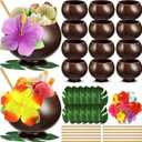Qinyoung 48 Pcs Coconut Cups Set Include 12 Pcs 13.5oz Coconut Shell Cups, 12 Straws, 12 Turtle Leaves, 12 Hibiscus Flowers Natural Bowls Hawaiian Luau Birthday Party Favor for Drink Ice Cream