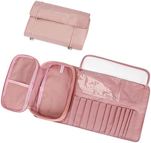Makeup Brush Organizer Bag - 2-in-1 Multifunctional Make Up Brush Storage Bag Portable Roll Up Cosmetic Bag with 12 Makeup Brushes Pocket Slot for Travel Business Daily Use Pink