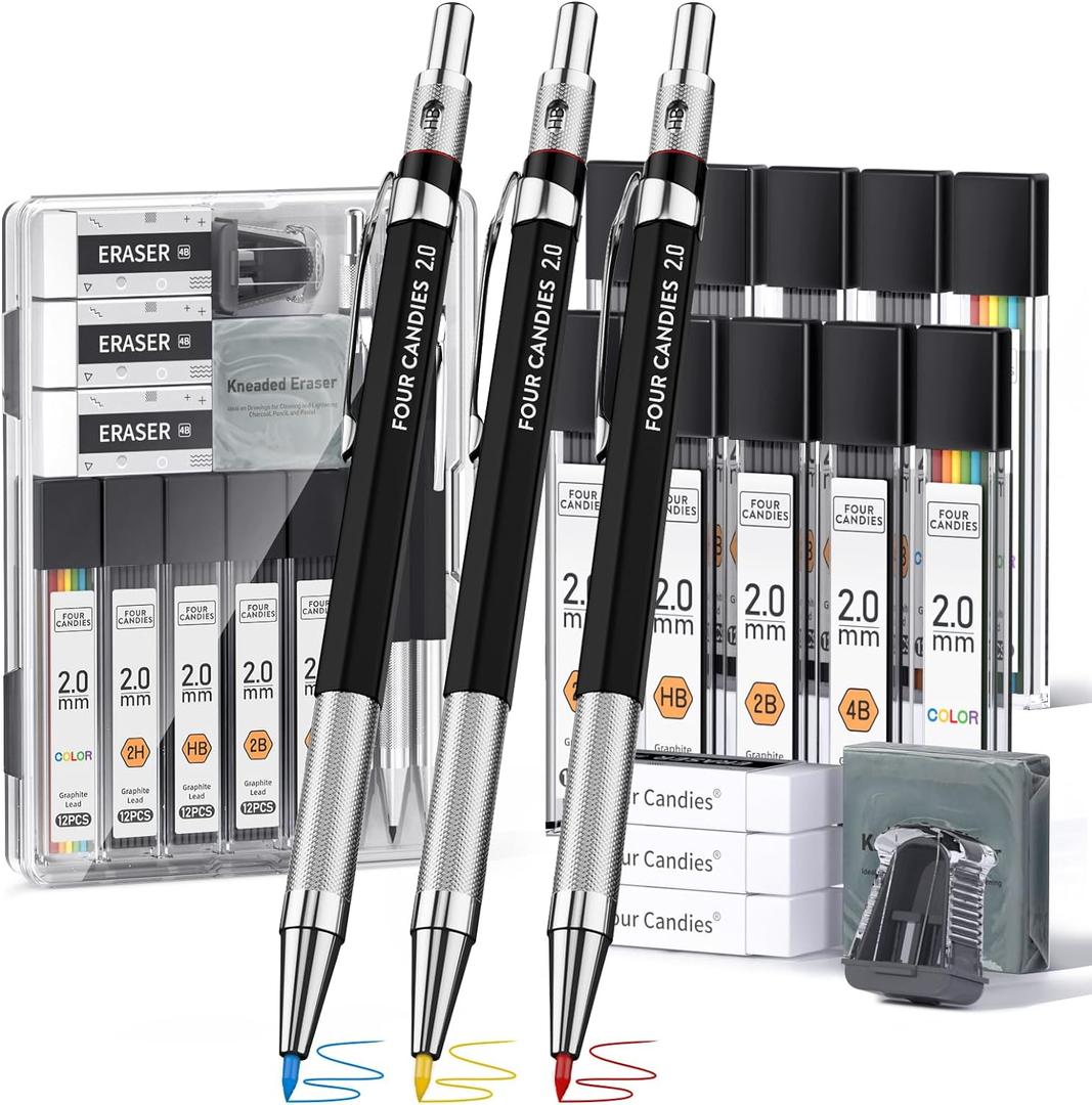 2 x Four Candies 19PCS 2MM Mechanical Drawing Pencils with Case, Metal Art Lead Pencil with 120 Graphite Lead Refills (HB 2H 2B 4B Color), Kneaded Eraser, Sharpener, for Drafting, Drawing, Sketching