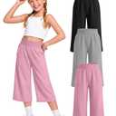 YooAurvox 3 Pack Girls Capri Pants with Pockets,Wide Leg Cropped Casual Pants with Elastic Waist for Little & Big Girls 5-14(Pink, Light Heather Gray, Black,9-10 Years)