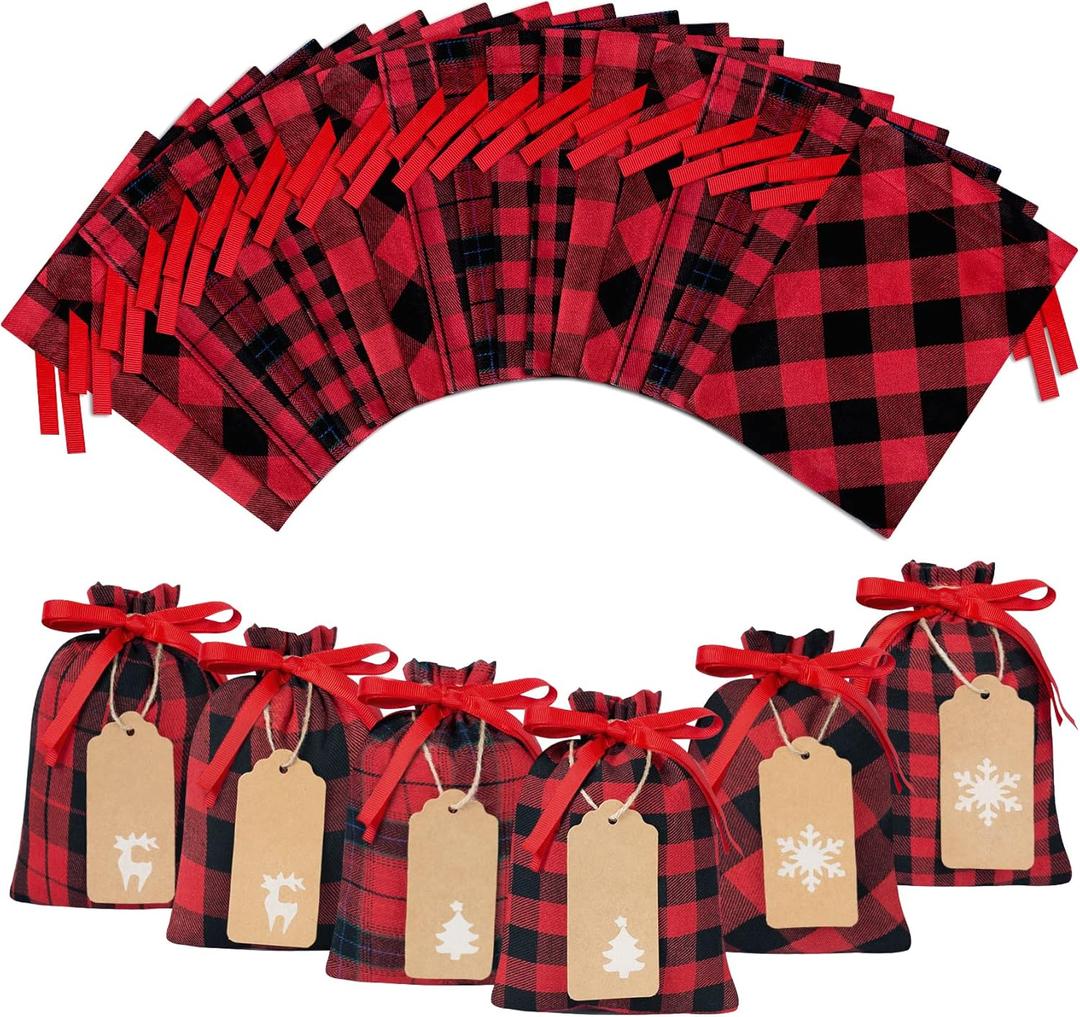 Korlon Small Christmas Gift Bags, 24 Pack Buffalo Plaid Christmas Drawstring Gifts Bags, Reusable Cotton Santa's Red and Black Xmas Holiday Cloth Gift Bag for Candy, Xmas Party, 7.68 x 5.9 Inch
