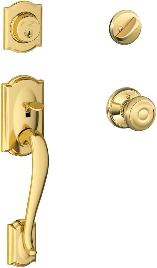 SCHLAGE Camelot Single Cylinder Handleset and Georgian Knob, Bright Brass (F60 CAM 605 GEO)