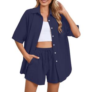 Womens Short Suit Set 2pcs Lounge Sets Summer Dressy Collared Button Down Shirt with Elastic Waist Drawstring Shorts (Medium, Navy)