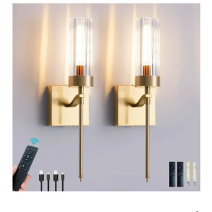 Battery Operated Wall Sconces Set of Two with Remote, Gold Rechargeable Wireless Wall Lights, Sconces Wall Decor Set of 2 Dimmable 2700K Battery Powered Sconce for Bathroom Living Room Hallway
