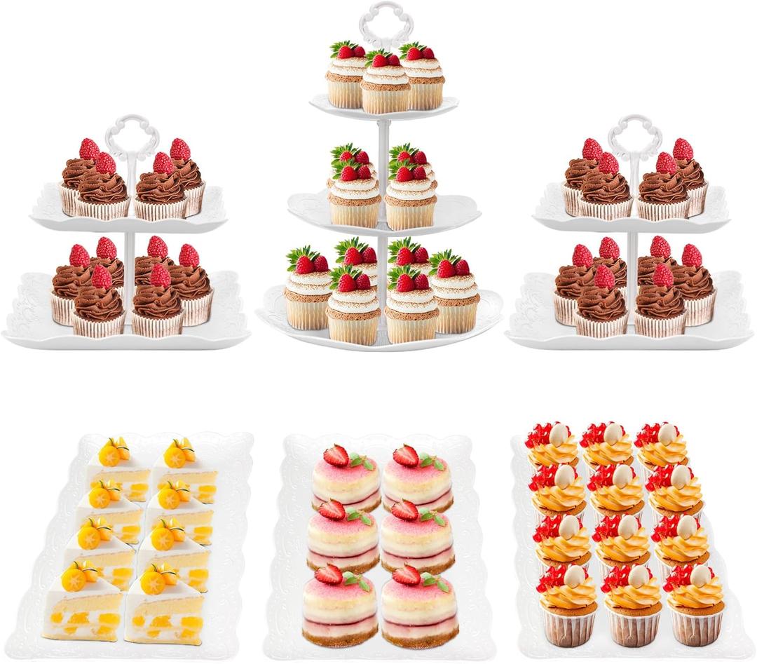 6Pcs Cupcake Stand White Plastic Cake Stand Dessert Table Stands Set 3Tier 2Tiered Cupcake Tower Stand Treat Display Holder Cookie Candy Serving Tray Dessert Trays for Wedding Baby Shower Tea Party