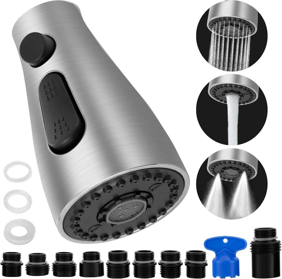 Kitchen Faucet Sprayer Head Nozzle,3 Function Modes,Pull Down Kitchen Sink Faucet Spray Head,9 Adapters Faucet Head Replacement Part Compatible,Aerator Detachable,Brushed Nickel