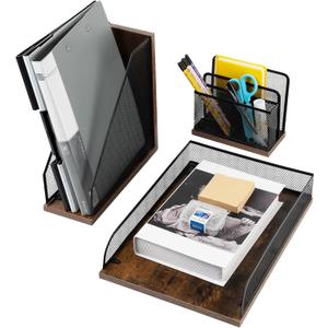 Vintage Wood & Mesh Office Supplies 3 Piece Set- Letter Tray, Magazine File Holder, Pen Holder and Letter Sorter, Desktop Organizer Set Desk Decoration Accessories