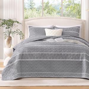 Andency Oversized Super King Plus Quilt Set Grey, 3 Pieces Boho Lightweight Soft Striped Bedspread for All Season (128"x120"), Gray Printed Bohemian Polyester Reversible Coverlet Comforter Sets