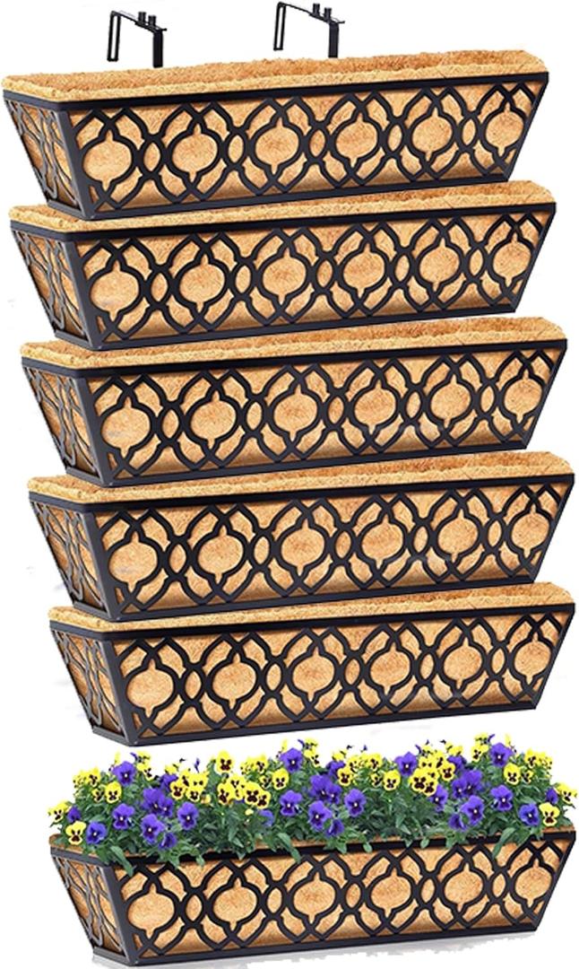 Y&M 6pcs 24 Inch Window Deck with Coco Liner, Fence Metal Hanging Flower Planter Window Basket Deck Railing Planter Boxes for Outdoor Garden Lawn