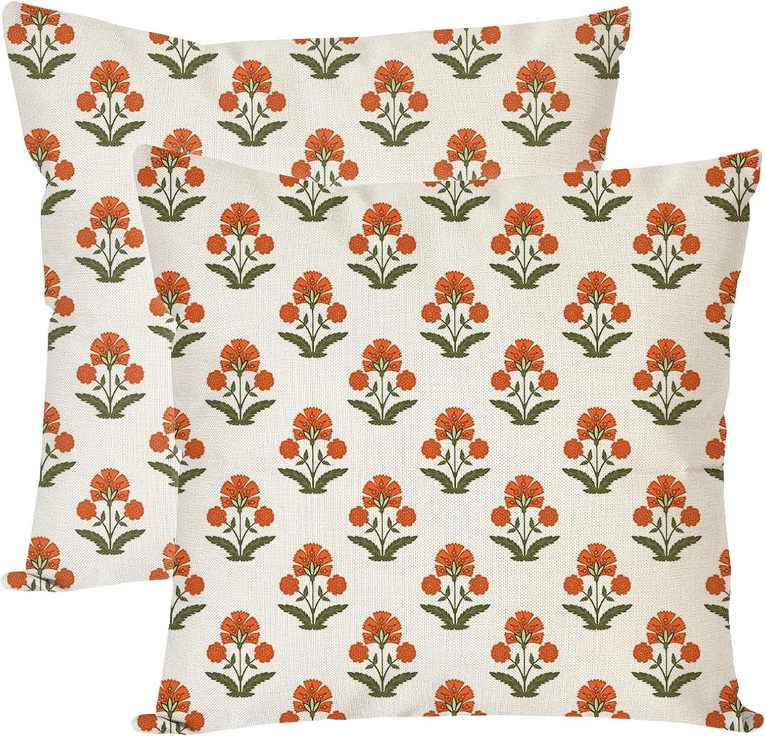 PANDICORN Block Print Throw Pillow Covers 18x18 Inch Set of 2 Green and Orange Vintage Floral Outdoor Farmhouse Spring Fall Cottage Decorations Decorative Pillow Cases for Living Room Couch Home Decor