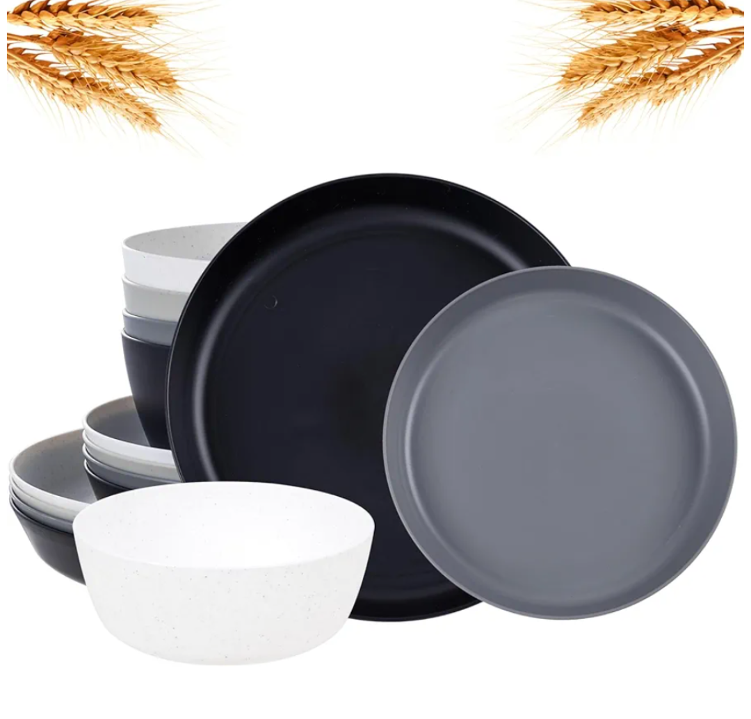 EI 12pcs Wheat Straw Plates,Wheat Straw Dinnerware Set,Plate and Bowls Sets,Plastic Plates Reusable-White,Black,Grey,Dark Grey,Dinner Plate Set of 4 Kitchen,Picnic