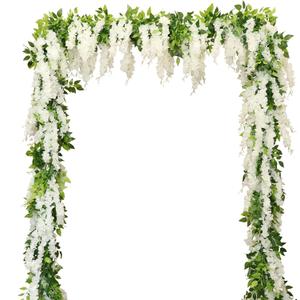 Wisteria Artificial Flowers Garland, 2Pcs Total 14.4ft Silk Faux Wisteria Vine Kit, Hanging Flower Plant for House Outdoor Garden Ceremony Outside Wedding Arch Floral Decor (2, White)