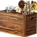 Yirilan Wooden Kitchen Utensil Holder for Counter, Acacia Wood Utensil Holder for Storage Cooking and Silverware with 3 Compartment, Rustic Wooden Organizer Container