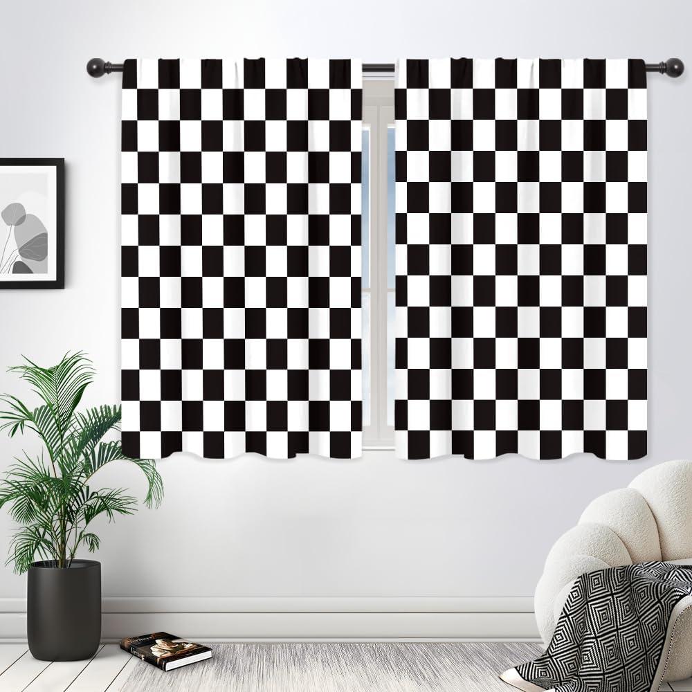 Riyidecor Black White Checkered Curtains Vintage Y2K Abstract 2000s 70s Hippie Groovy Aesthetic Classic Cute Retro Rod Pocket Modern Bedroom Living Room Treatment Fabric 2 Panels 42Wx45H Inch