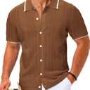 LETSEE Linen Shirts for Men Short Sleeve Blouse Button Down Dress Untuckit Shirts Beach Summer Wedding Hawaiian Outfit (3X-Large, Brown Knit)