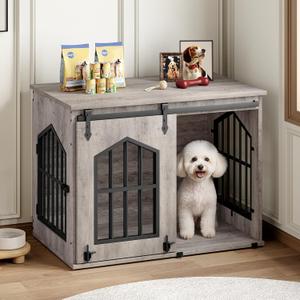 MAHANCRIS Dog Crate Furniture, 31.5" Farmhouse Dog Kennel with Sliding Barn Door, Wooden Dog Cage for Small Medium Dogs, Decorative Pet House Side End Table, Chew-Resistant, Greige DCHG9601