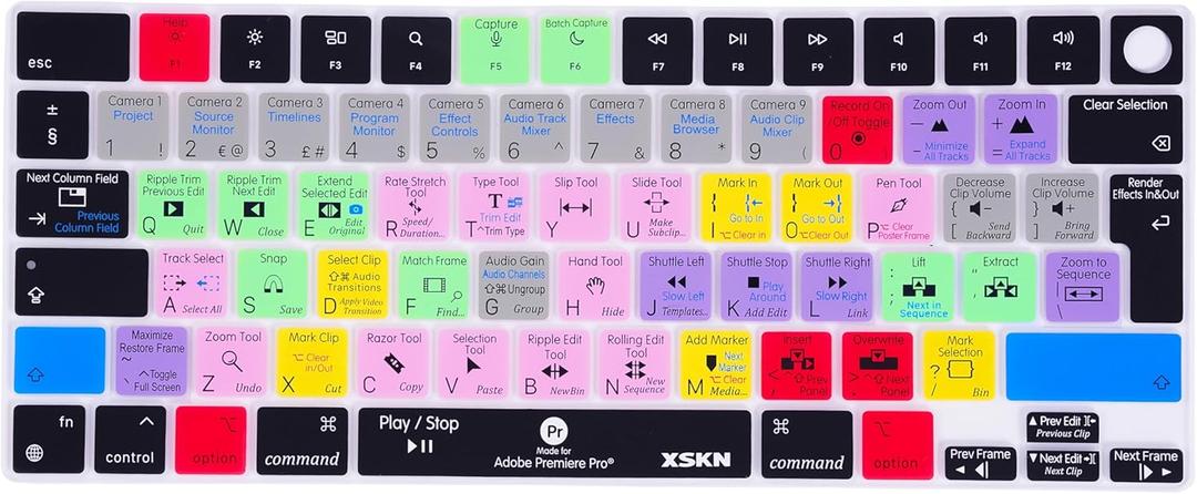 XSKN Premiere Pro Shortcuts EU Version Keyboard Silicone Skin Cover Fits for Apple Since 2021 Released MacBook Air MacBook Pro 13.6 15.3 14.2 16.2 Inch with M1 M2 M3 M4 Chip and Touch ID