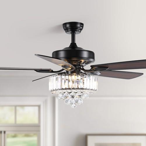 52 Inch Crystal Ceiling Fan with Lights and Remote Modern Black Chandelier Fan for Bedroom 5 Reversible Wood Blades Silent DC Motor Fandelier Ceiling Fans for Living Room Dining Room