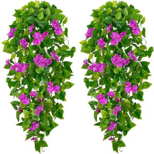 BLEUM CADE Artificial Hanging Flowers for Outdoors, 2pcs Fake Hanging Plants Pothos Vines with Purple Flowers for Wall Home Living Room Indoor Outdoor Decor (No Baskets)