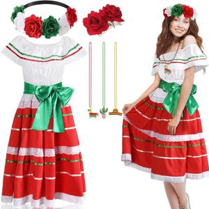 6 Pcs Mexicanos Traditional Dress Women Folklorico Vestidos Outfit Mexican Skirt Carnival Halloween Costume (Small)
