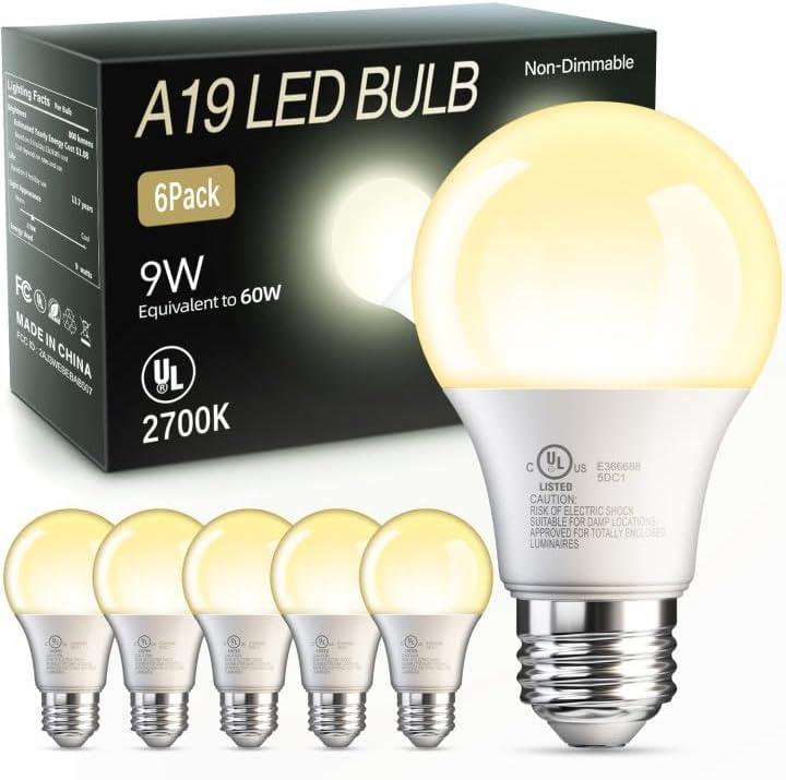 TJOY 6 Pack A19 LED Light Bulbs, 60 Watt Equivalent LED Bulb, Soft Warm White 2700K, Efficient 9W, E26 Standard Base, Non Dimmable Energy Saving Lightbulb, 800LM, 80 CRI, 120V, UL Listed