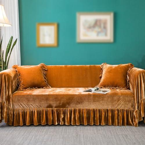 Velvet Sofa Cover Soft Decorative Luxurious Solid Exquisite Ruffle Trim, Retro Farmhouse Vintage Sofa Slipcover Couch Furniture Protector for 2-3 Cushion Sofa for Living Room 1PC 71x134IN Golden Camel