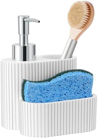 Shinowa Soap Dispenser with Sponge Holder, Marble Look Liquid Hand and Dish Soap Dispenser and Sponge Caddy with Brush Holder, 3 in 1 Countertop Organizer for Kitchen Sink and Bathroom