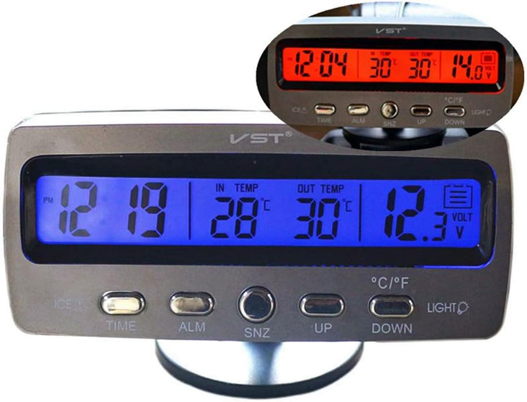 Car Clock Thermometer Voltmeter Gauge Calendar 4 in 1, 12V Multiple Function Internal and Outer Car Digital Thermometer Rainproof, Celsius or Fahrenheit Temperature Gauge, Calendar LCD (Blue Orange)