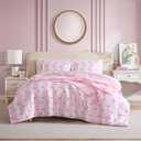 Betsey Johnson - Comforter Set, Super Soft Bedding with Matching Sham & Sheets, Includes Bonus Pillowcase & Reversible Plush Throw (Bow Stripe Pink, Full)