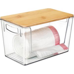 Hudgan Extra Large Trash Bag Holder Acrylic Trash Bag Dispenser Storage with Bamboo Top and Handles