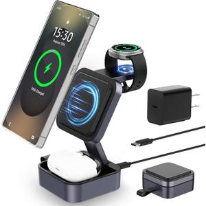 3 in 1 Charging Station for Samsung, Foldable Wireless Charger Station, Travel Magnetic Fast Charger Stand for Galaxy S26-S21/Z Fold/Flip Series, Galaxy Watch Ultra/8-5 & Galaxy Buds Pro/3/2 Series