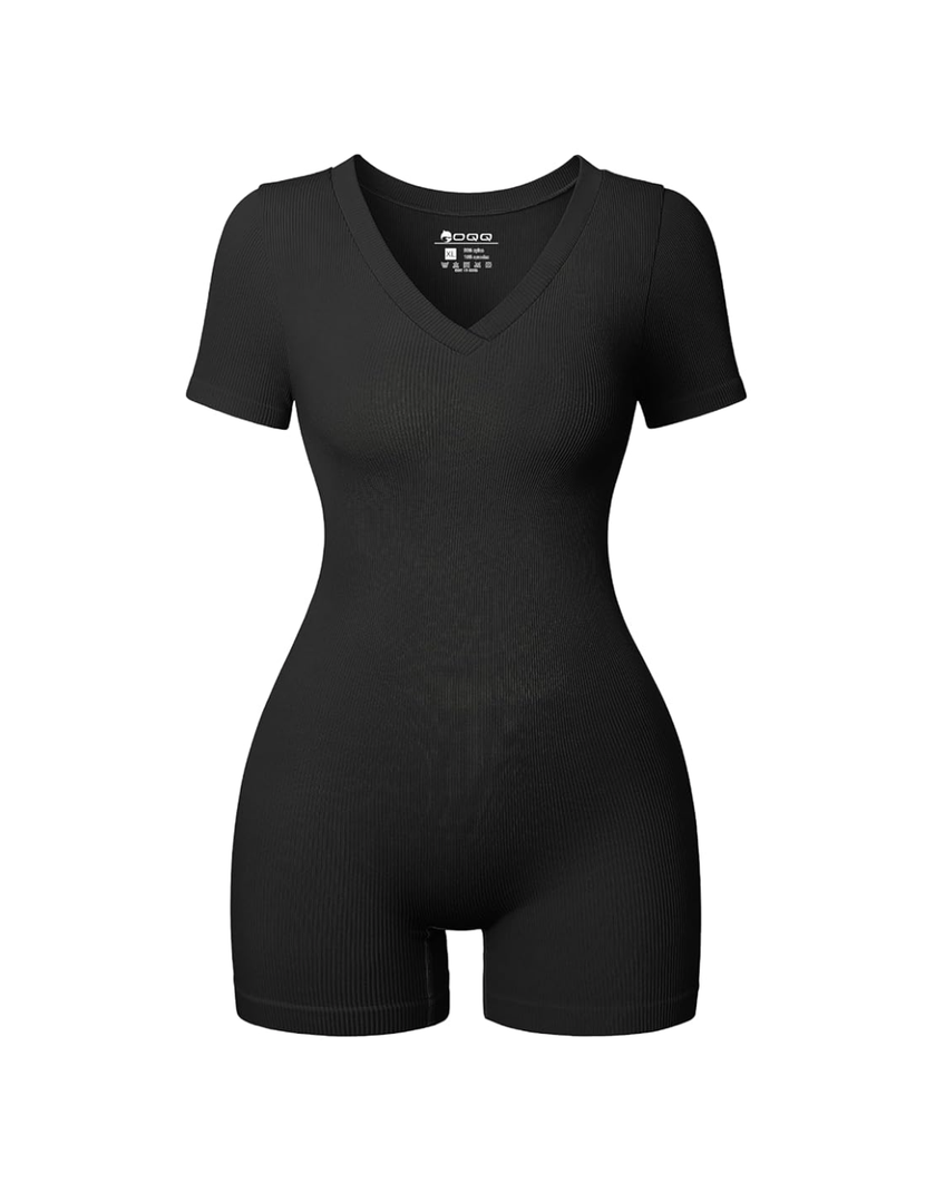 OQQ Women Rompers Short Sleeve V Neck Summer Casual Stretch Overalls Shorts Jumpsuit 2025 Clothes (Black,Small)