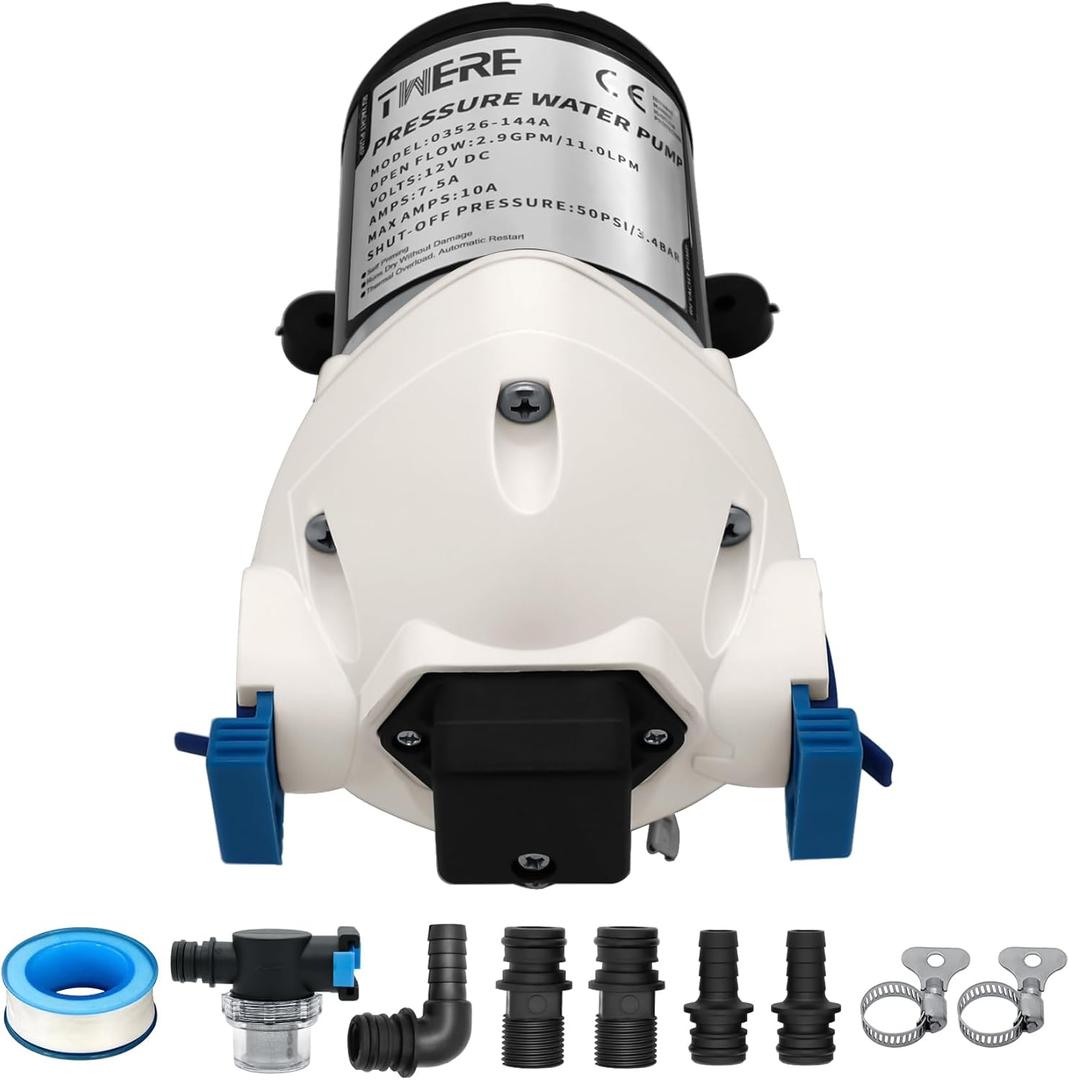 Upgraded R3526144D RV Water Pump,3 GPM 12V DC 50 PSI Triplex Diaphragm Water Pump Compatible With R3526144D/03526-144A RV Water Pump,With Strainer and Pressure Switch for RV Yacht Marine Caravan-White