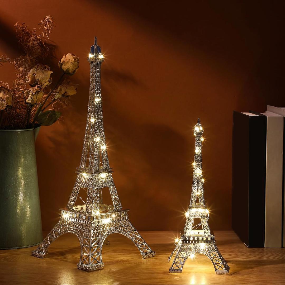 2 Pcs Eiffel Tower Statue Metal 10 Inch, 15 Inch Eiffel Tower Model Figurine Paris Themed Decor with 2 Light Strings for Cake Topper Party Table Centerpiece Kitchen Decoration(Silver)
