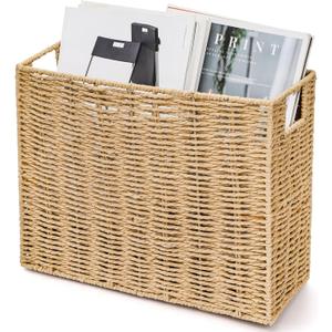 Woven Magazine Holder, 15'' x 6'' x 11'' Book Basket with Built-in Handles, Narrow File Storage Newspaper Organizer for Living Room, Bedroom, Office, Bathroom