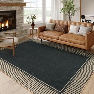 Moynesa Striped Border Easy Jute Outdoor Rug 8x10, Washable Indoor Outdoor Patio Area Rugs for Living Room Non Slip, Modern Classic Farmhouse Carpet for Dining Room Table, Black