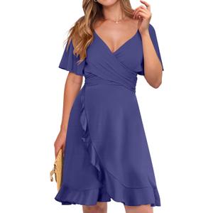 Caracilia Womens Summer Wrap Mini Dress Casual V Neck Short Sleeve Ruffle Hem Cocktail Wedding Guest Dresses Navy Blue Large