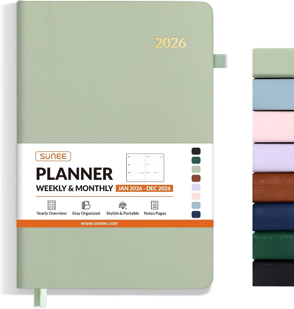 SUNEE 2026 Weekly & Monthly Hardcover Planner 5.5" x 8.3" - 12 Month (January 2026 - December 2026), Small Hardcover Planner, Pocket, Notes, 100 GSM Paper, Sage Green