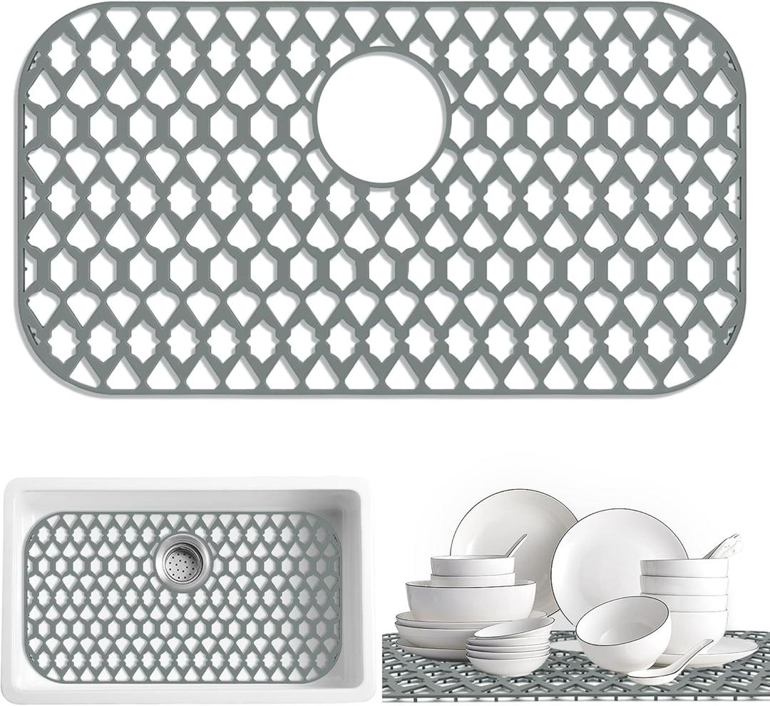 Sink Protectors for Kitchen Sink 13x11 &16x12 &19x14 &21x16 &22x13 &24x13 &26x14 &28x14 &30x16, Large Silicone Sink Mats Grid for Bottom of Farmhouse Sink (26x14, Rear Drain)