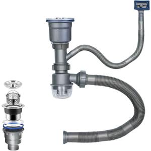 Single Sink Kitchen Drainage Kit Space Saving Flexible Drain Pipe Flexible P-Trap Drain Strainer with 3-1/2 Inch Kitchen Sink Drain Assembly Kit (Silver)