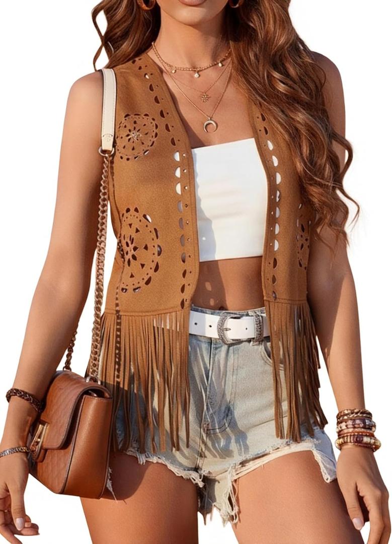 SOFIA'S CHOICE Women Fringe Vest Faux Suede Boho Western Cowgirl Sleeveless Open Front Rave Outfits Brown (XXL)