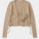 Beige Rib-Knit Cropped Tie-Front Cardigan with Long Sleeves S