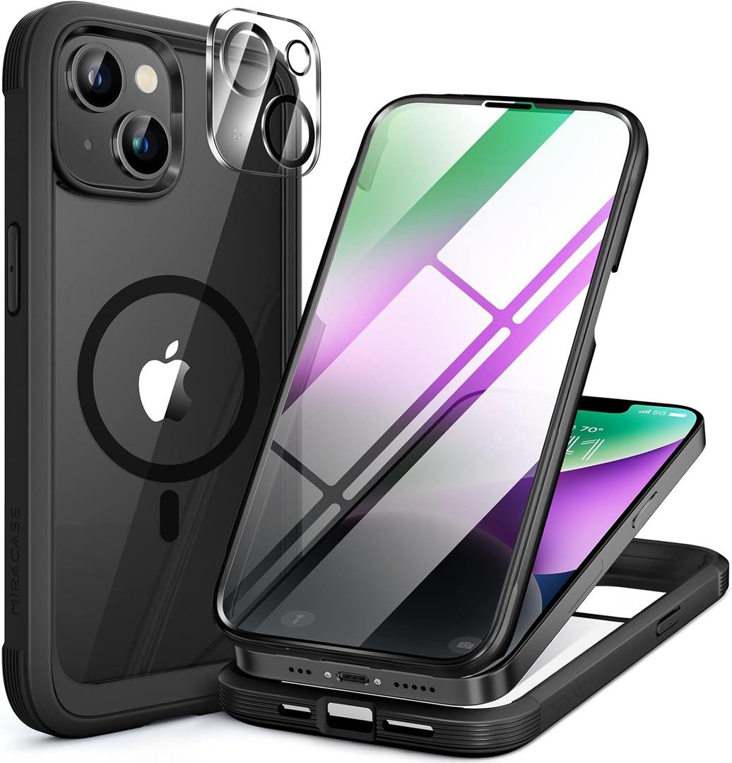 Miracase Magnetic for iPhone 14 Case 6.1",Full-Body Bumper, [Bubble Free] Built-in Tempered Glass Screen Protector+Lens Protector,Compatible with MagSafe,No Gap,Drop Proof Phone Case 14 Cover,Black